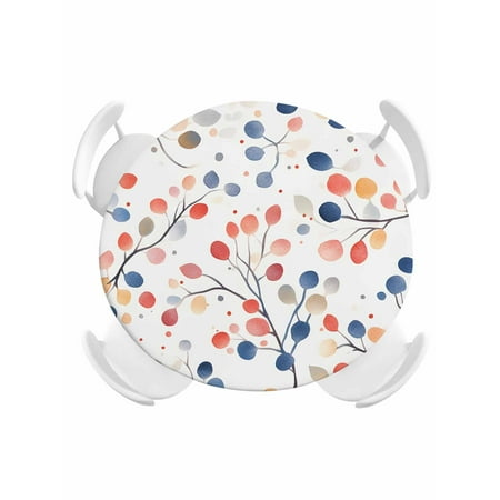 Round Fitted Tablecloth Watercolor Colorful Botanical Leaves Circle Table Cover Waterproof Table Cloth with Elastic Edge Rural Tree Branch on White Outdoor Tablecloths for Kitchen Picnic 36-44in