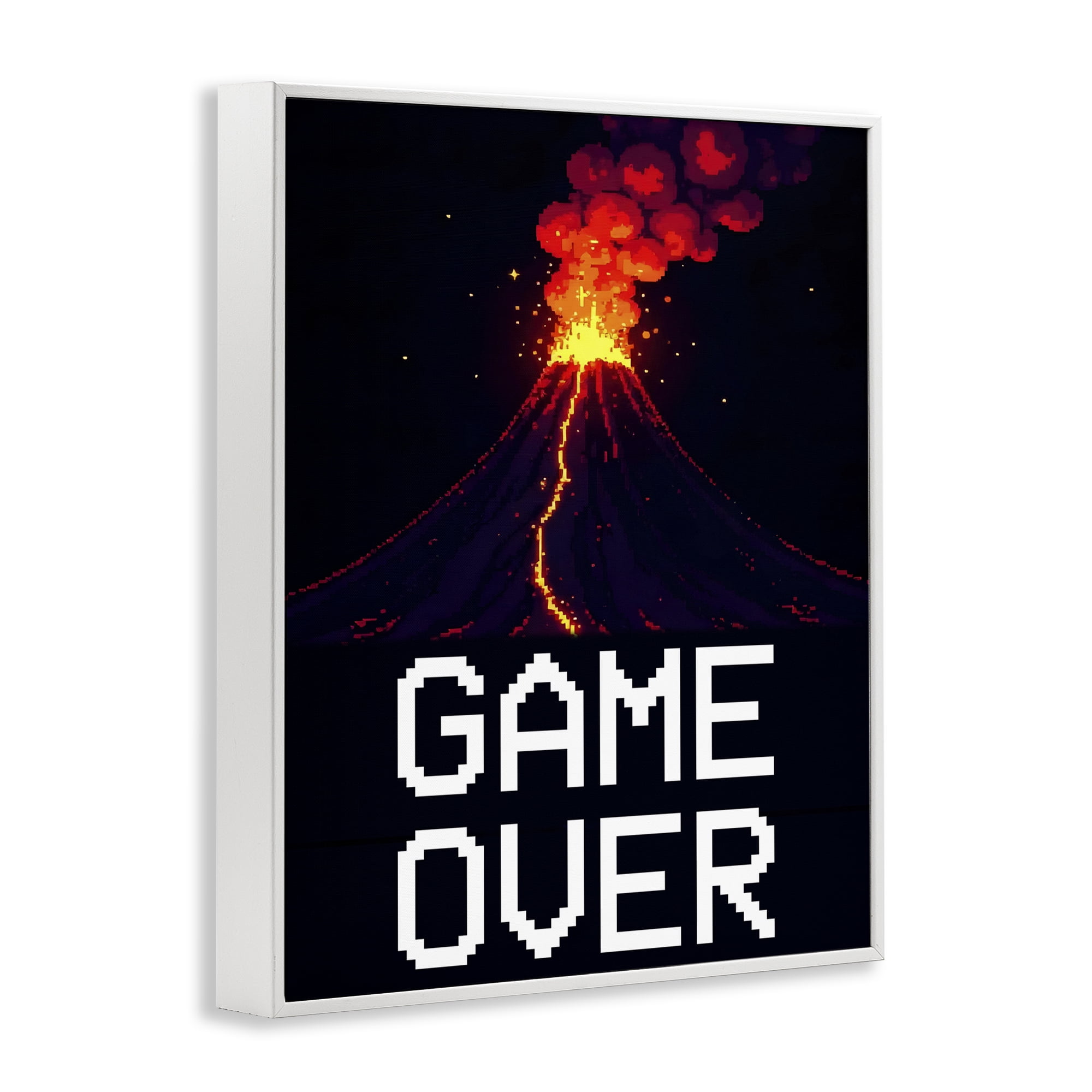 Pixel Volcano Game Over White Framed Giclee Art, design by Kim Allen