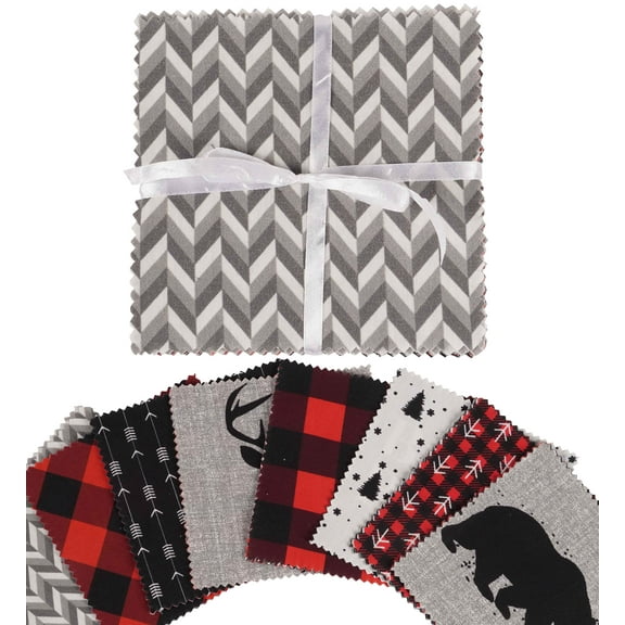 Soimoi Lumberjack Theme PrintPrecut 5-inch CottonFabricQuiltingSquaresCharm Pack DIY Patchwork Sewing Craft- Red & Black