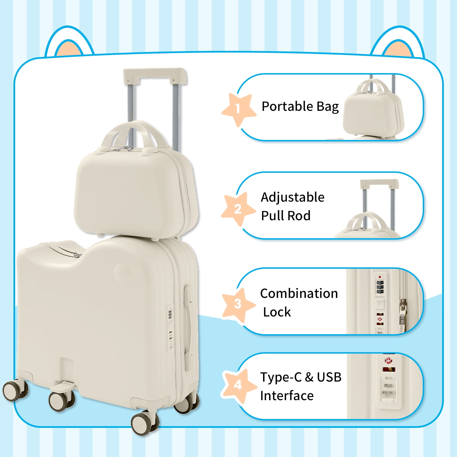 TABU Kids Ride on Luggage with Handbag, Hardshell Suitcase with 6-Spinner Wheels,Hidden Cup Holder,Foldable Pedal,White