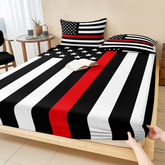 Twin Sze Fitted Sheet Set - Red American Flag 2 Piece Bedding Sets 16" Deep Pocket Fitted Sheet with 1 Pillowcase, Black White Striped US Flag Stars Brushed Microfiber Hotel Luxury Bed Sheets