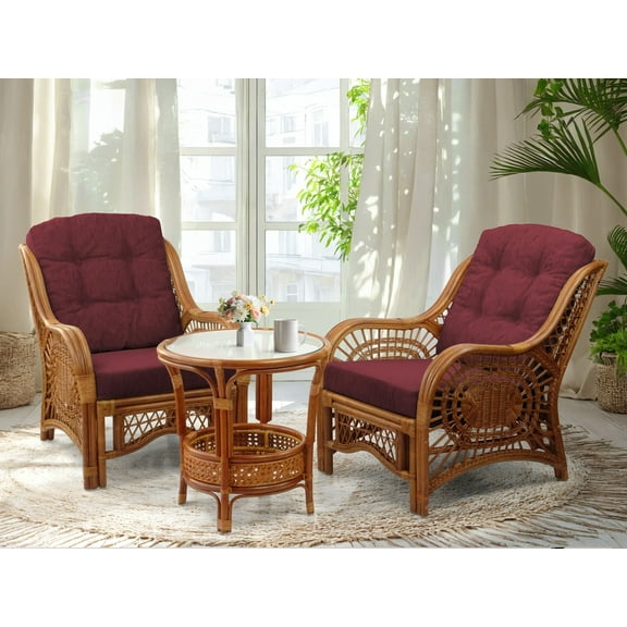 Wickerix Malibu Set of 2 ECO Natural Rattan Wicker Chairs and Round Coffee Table, Colonial