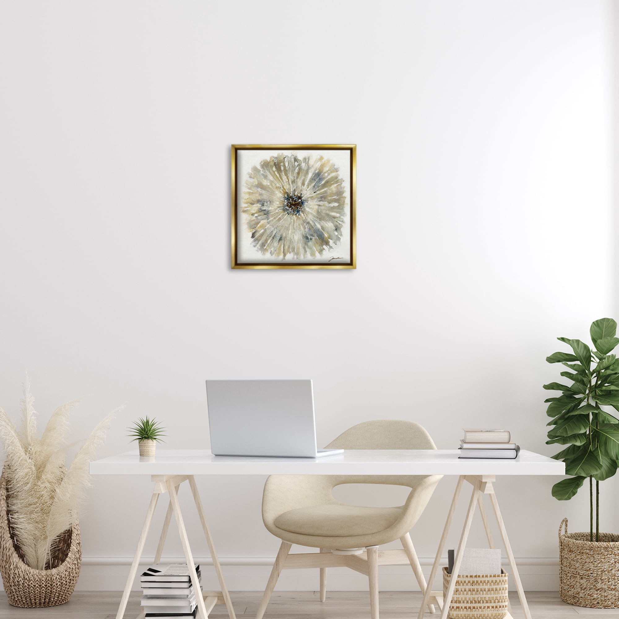 Stupell Industries Neutral Rustic Abstract Flower Floral Painting Gold Floater Framed Canvas Art Print Wall Art, 18 x 18