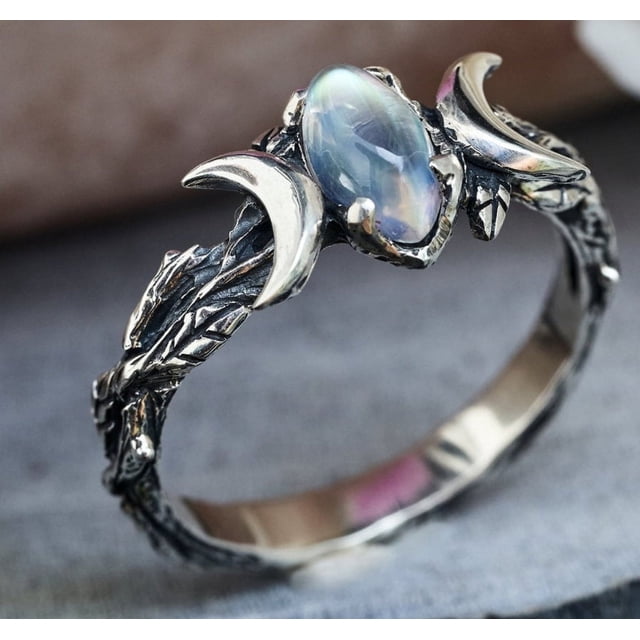 Anillo de media luna retro bohemio, anillo de compromiso para mujer con piedra lunar simple europeo y americano (talla S)
