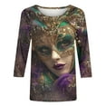 thumbnail image 4 of successthop Mardi Gras 3/4 Sleeve Tops for Women Plus Size with Crew Neck Polyester Casual Mask Printed Mardi Gras Celebrations Blouse Tops for Mardi Gras Event Purple XL, 4 of 5