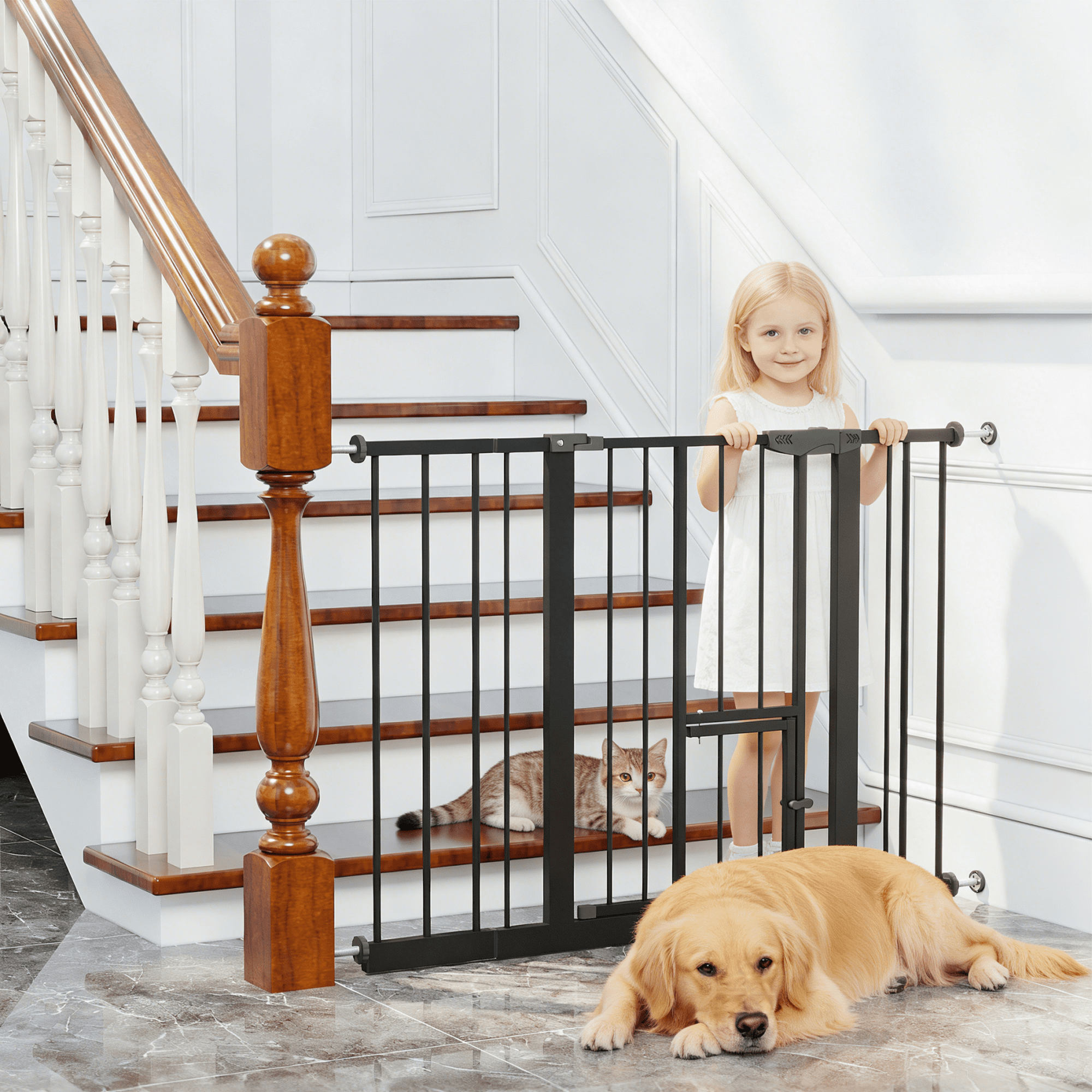 Baby Gate with Cat Door, 29.5-44.1" Metal Pet Door for Stairs & Doorways,Pressure Mounted,No Tools Needed, Black