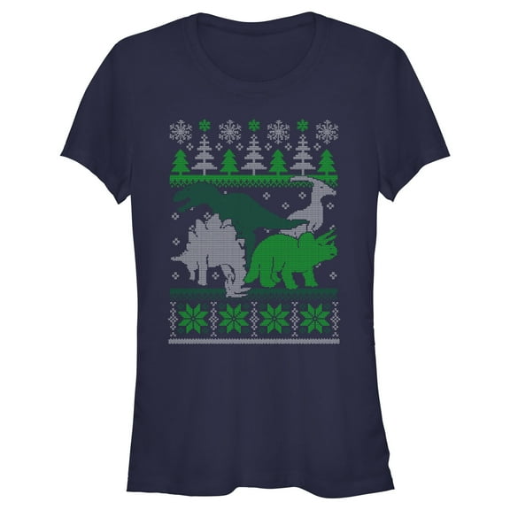 Junior's Lost Gods Dinosaur Ugly Christmas Sweater Graphic Tee Navy Blue Large