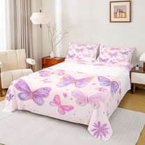 Homewish Dreamy Butterfly Twin Sheet Sets 3pcs for Kids Girls, Chic Floral Flower Twin Fitted Sheet, Cute Pink Purple Flat Sheet, Luxury Bedroom Decor