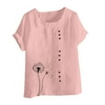 thumbnail image 4 of Cmfcve Women's Summer Oversize Tops Short Sleeve Round Neck Cotton Linen Tee Shirt Dandelion Printed Henley Button Blouse, 4 of 5
