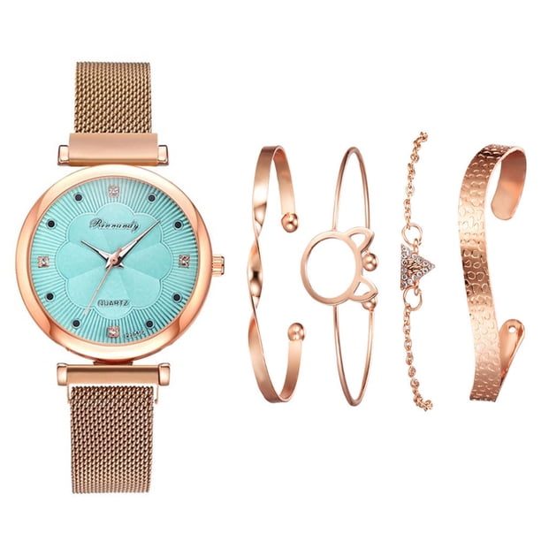 Juego de 5 relojes de cuarzo con imán y malla sencilla a la moda para mujer + juego de pulsera de cuarzo