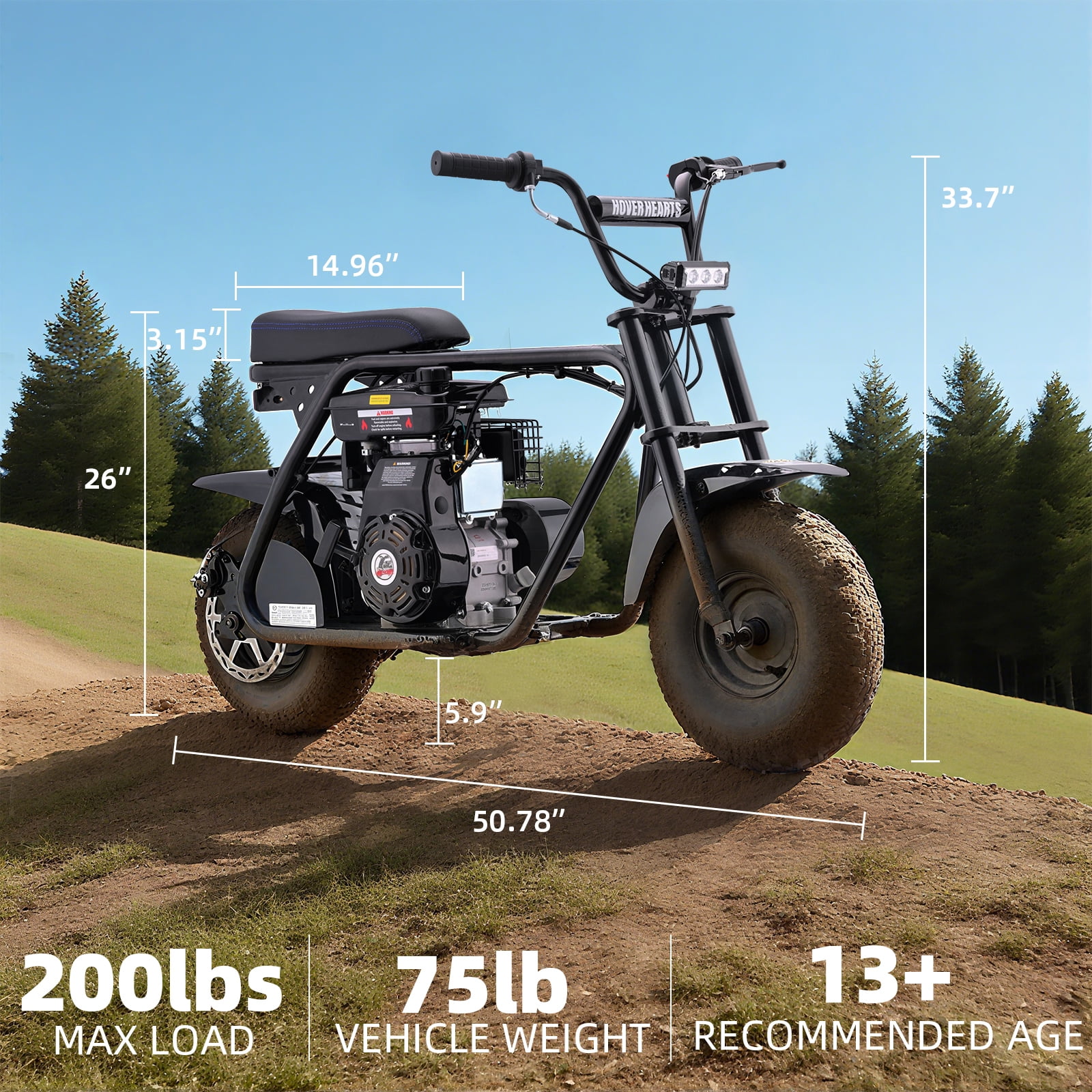 HOVERHEART Gas Mountain Bike, 105cc 4-Stroke Gas Powered Off Road Motorcycle (Model-MB001) with Led Lights, Disc Brake, Max Load 200Lbs, Up to 30Kph, NO OIL MIX REQUIRED