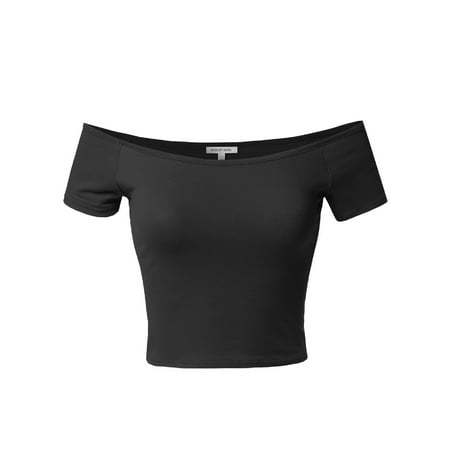 - FashionOutfit Women's Basic Solid Short Sleeve Off Shoulder Crop Tank Top