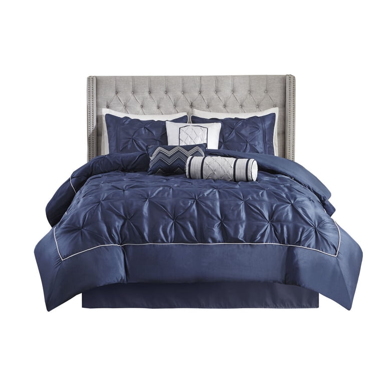 Cotton Bedding Set, 7 Piece Tufted Comforter Set Navy Cal King