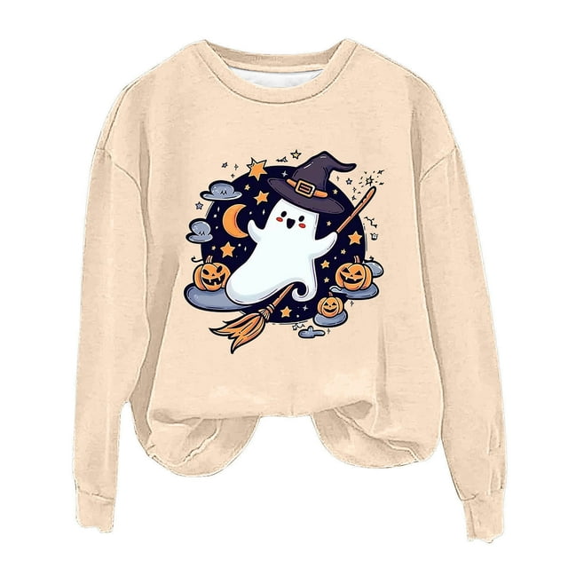 Rbaofujie Sweat à Capuche pour Femmes, Décontracté, Imprimé Halloween, Col Rond, Manches Longues, Chandails en Molleton Amples, Beige