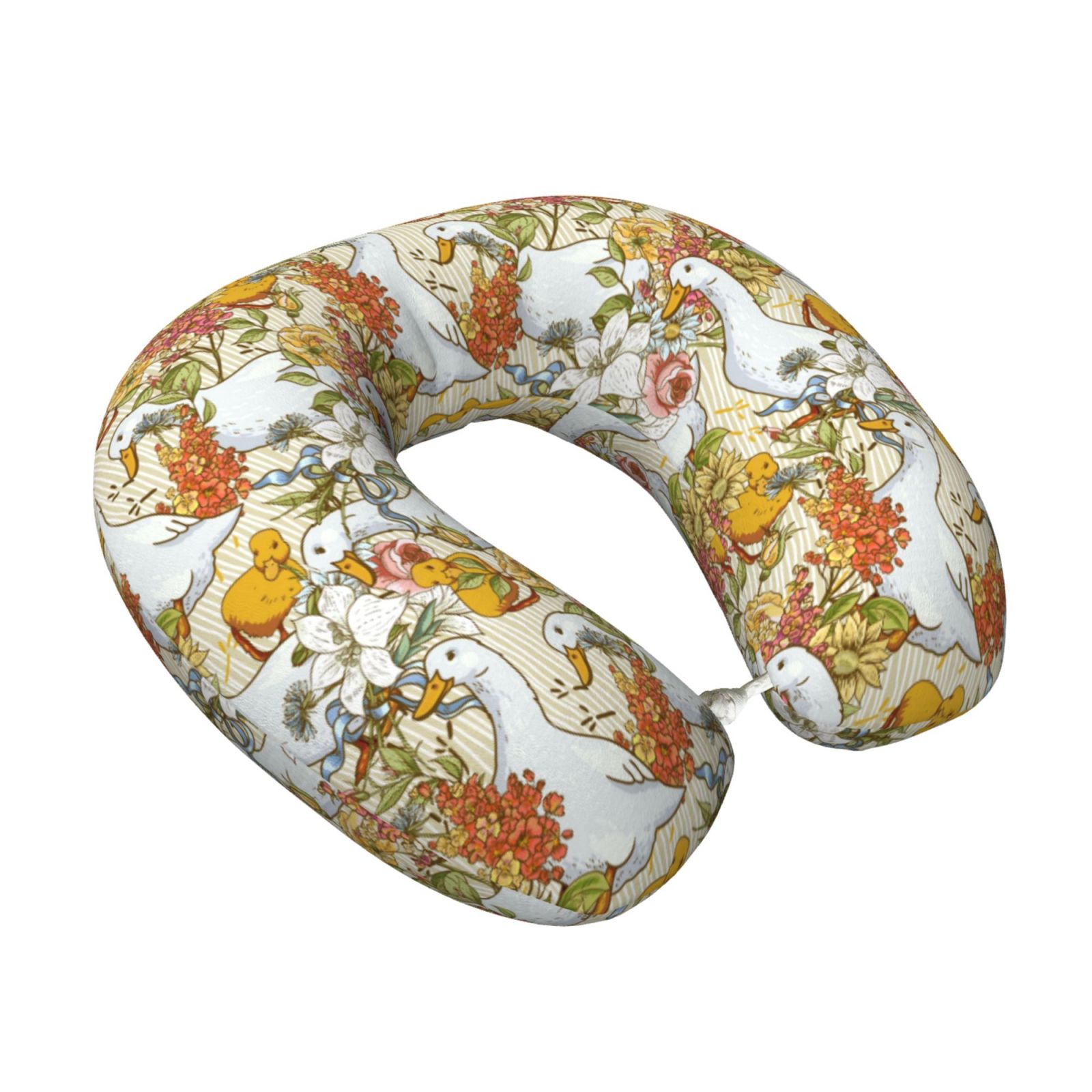 Xecao Ducks and Flowers Print Memory Foam Cervical Neck Pillow Versatile U-Shaped Pillows for Home,Office,Camping,Travelling,Soft Washable Cover