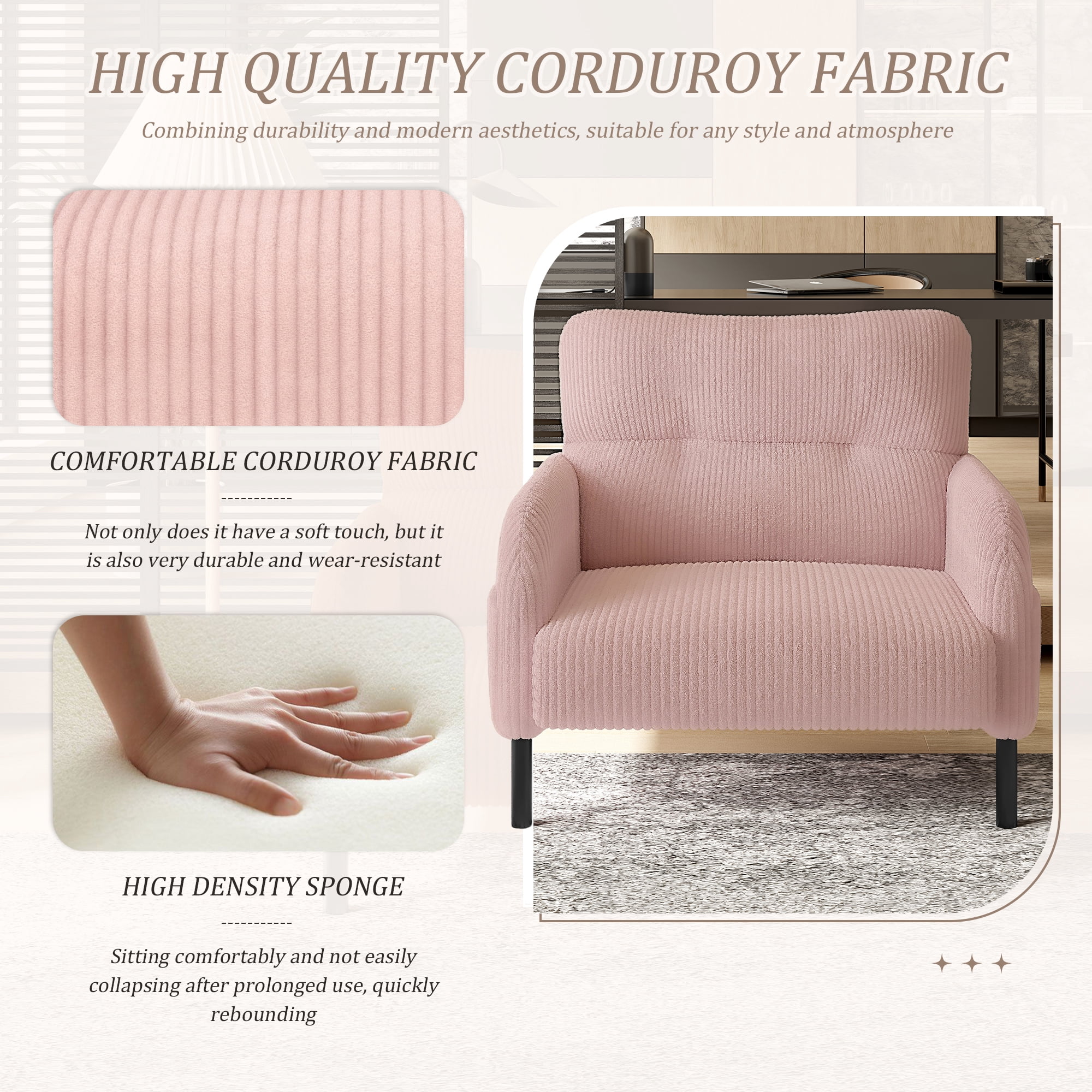 Modern Accent Chair,Armchair,Corduroy Fabric Sofa Chairs,Upholstered Armchair for Living Room,Bedroom,Office,Pink