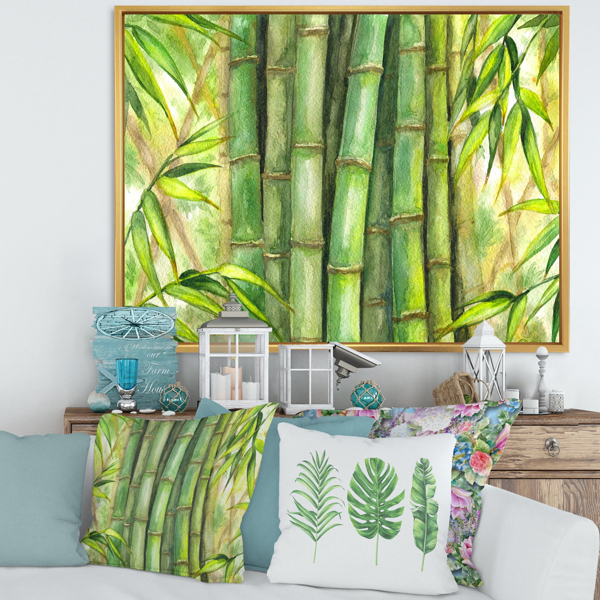 Designart 'Bright and Green Bamboo Stems' Transitional Framed Canvas Wall Art Print