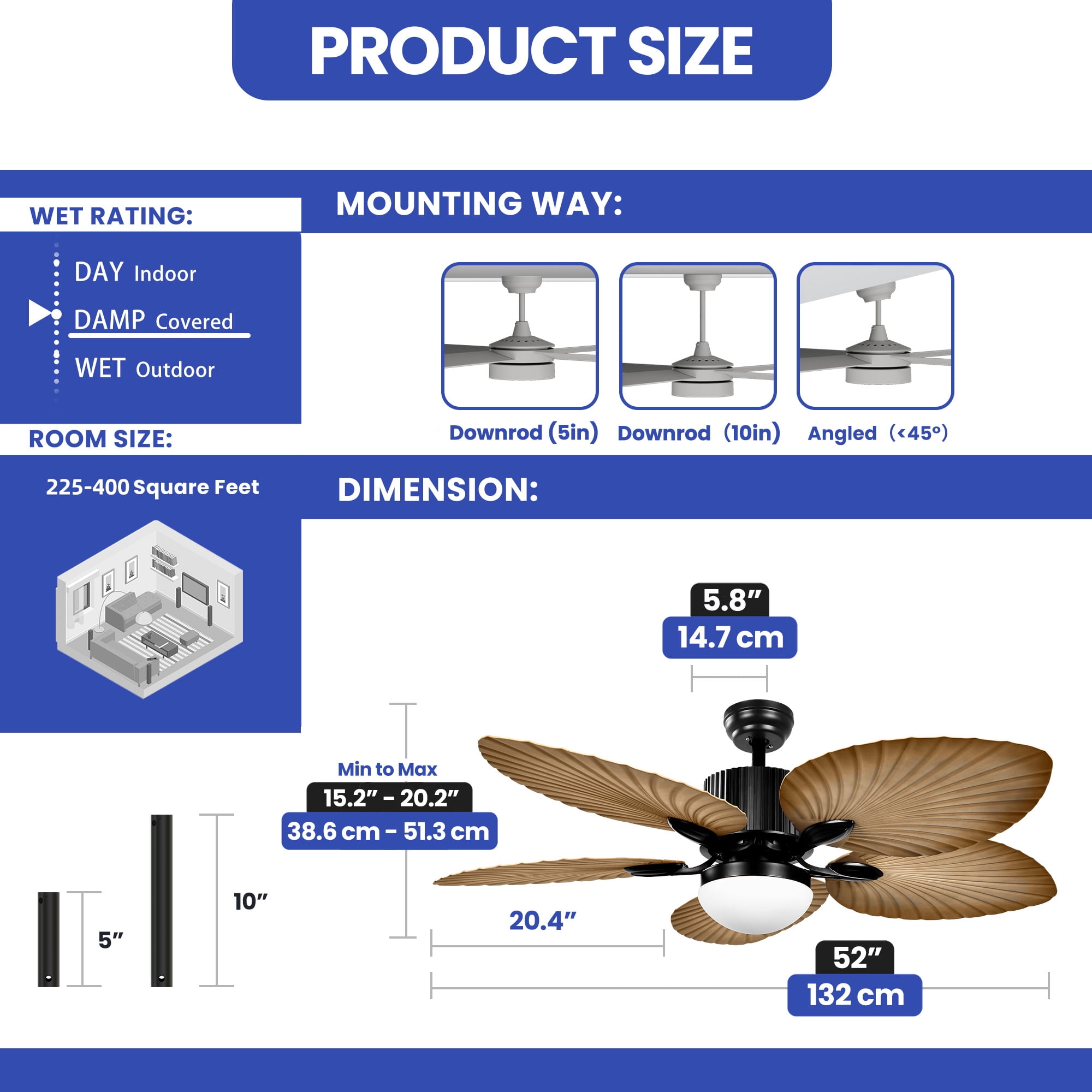 ModFusion 52-inch Tropical Coastal Ceiling Fan with LED Light & Remote, Quiet Reversible DC Motor, 5 Palm Blades, Brown