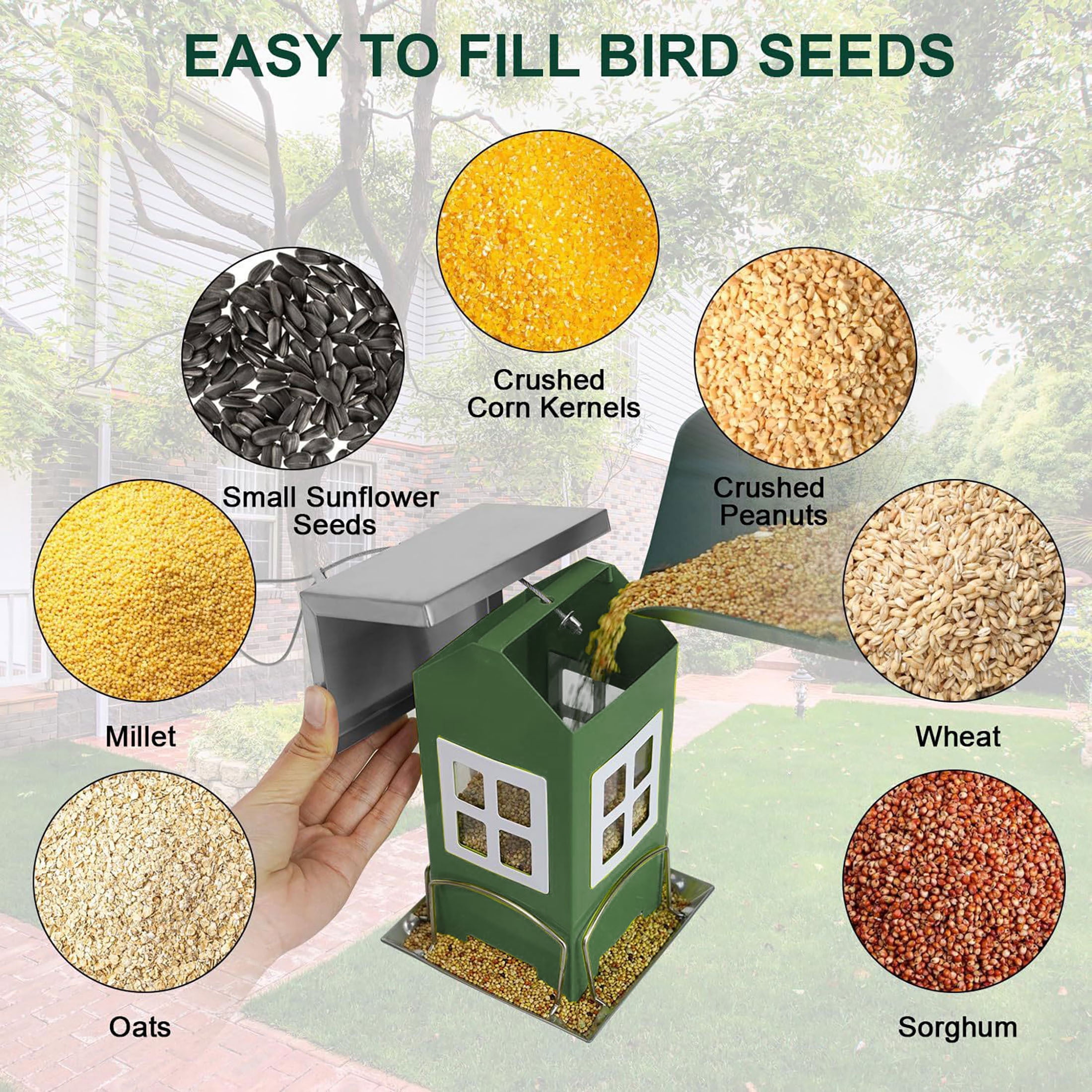 Pettrek Rover Hanging Bird Feeder for Outdoor with Removable Roof, Stainless Steel, Green