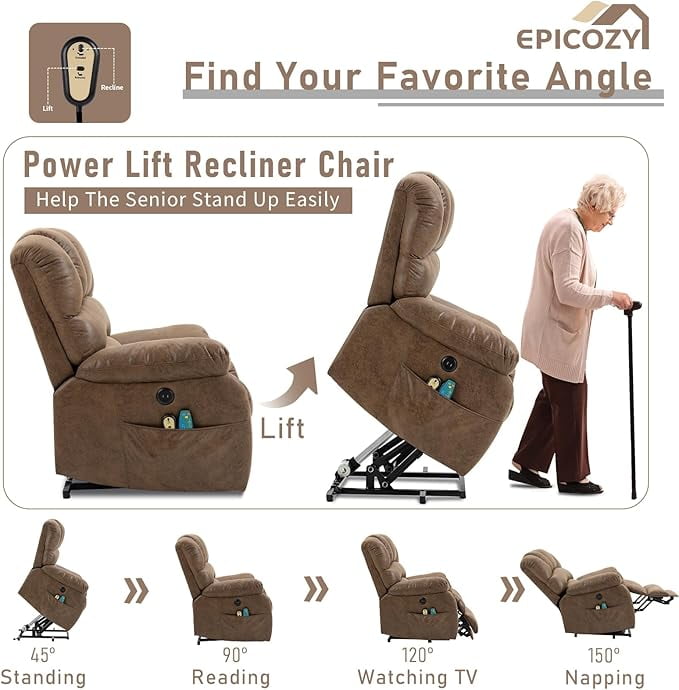 EPICOZY Large Power Lift Recliner Chair with Extended Footrest for Elderly Big Tall Man, Overstuffed Heated Massage Wide Electric Recliners with 2 Remote Controls, Side Packets & USB Ports, Brown