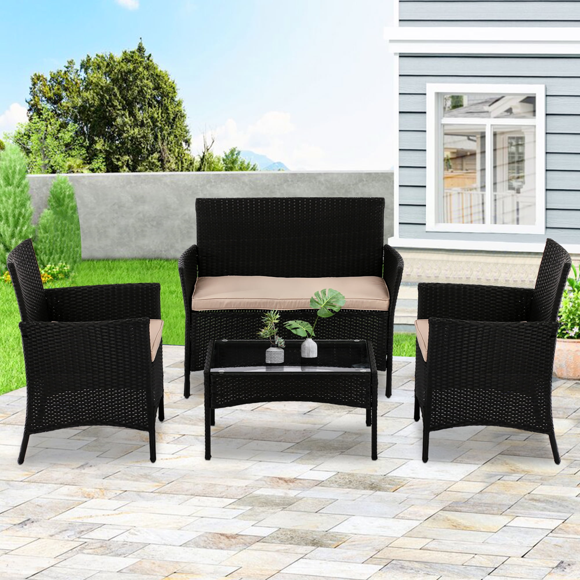 YRLLENSDAN Patio Furniture Set 4 Piece, Wicker Sofa Set Rattan Chair