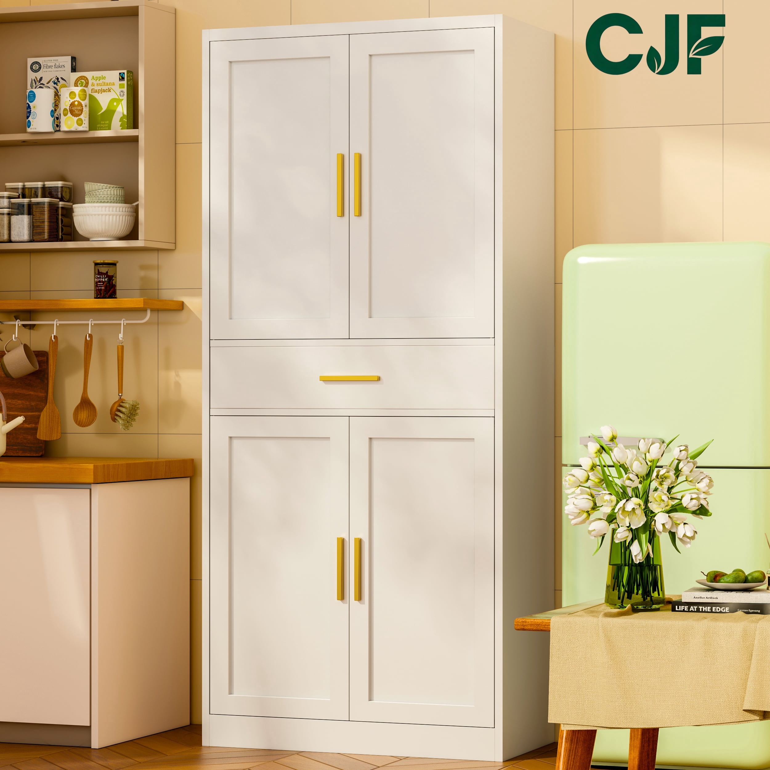 Metal Kitchen Pantry Cabinet, 71"Tall Cabinet with 1 Drawer, Doors and 2 Adjustable Shelves, Pantry Cabinets for Kitchen Storage, Metal Storage Cabinet for Kitchen, Dining Room, Living Room- White