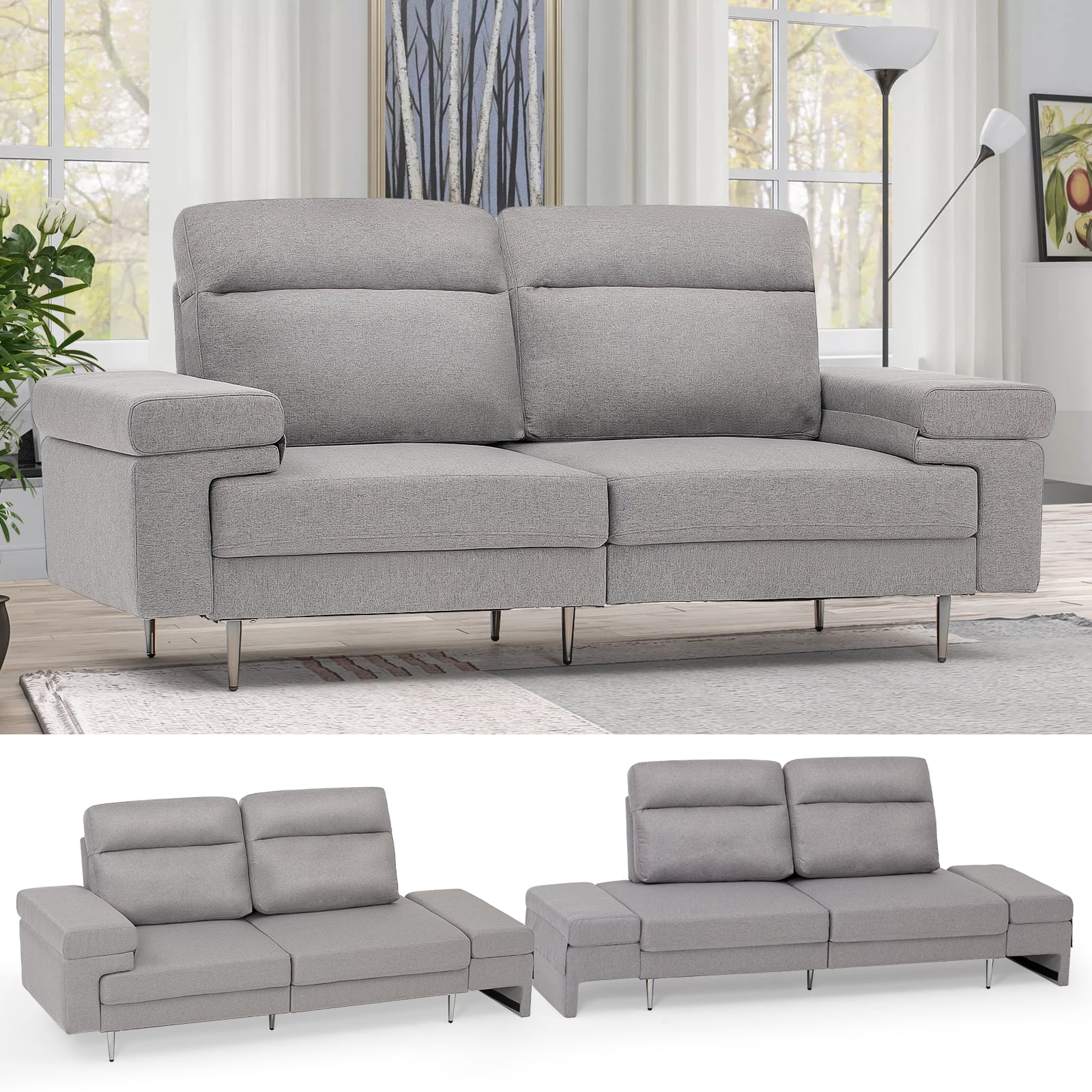 FamiTOP 80" Extendable Linen Fabric Sofa with Convertible Armrests