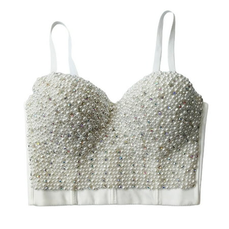 

YUUZONE Women Se-- Imitation Pearls Beaded Bustier Bra Colored D1am0nd for Rhinestone Push Up Corset Camisole Night Club Bralett