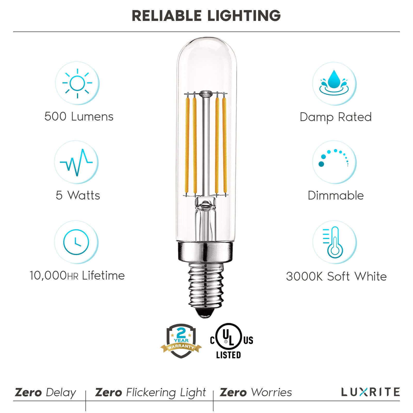 Luxrite T6 T6.5 Vintage LED Tube Light Bulbs 5W= 60W, 3000K Soft White, Dimmable, 500 Lumens, UL Listed, E12, 6-Pack
