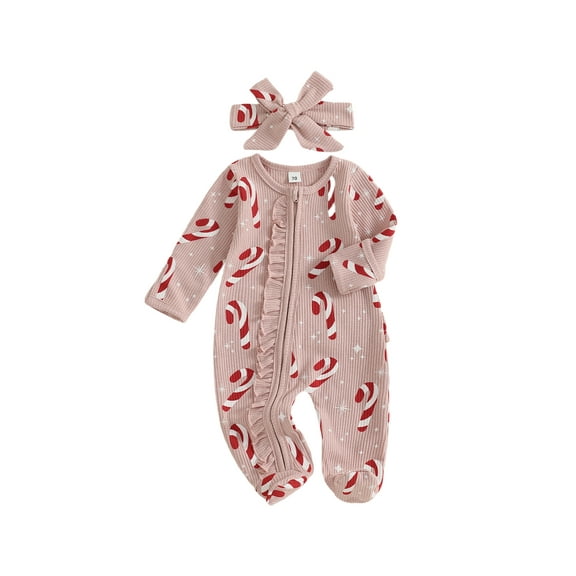 Miaouyo Infant Baby Girl Christmas Oblique Zipper Romper 0 3 6 12 18 Months Long Sleeve O Neck Candy Cane/Gingerbread Print Jumpsuit with Headband