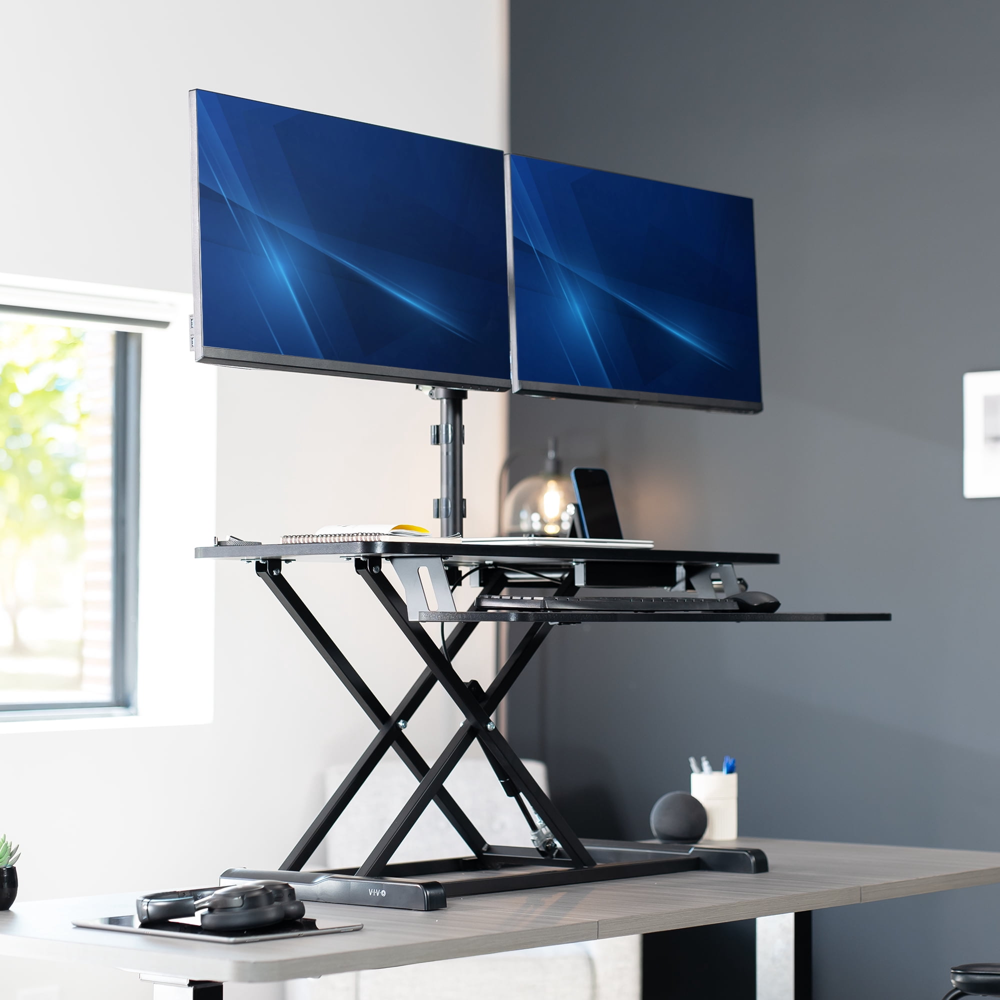 VIVO Black 36" Standing Desk Riser with Dual Monitor Arm for up to 32" Screens