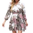 thumbnail image 1 of Women Dress Leopard Vintage Print 3/4 Sleeve V Neck High, 1 of 8