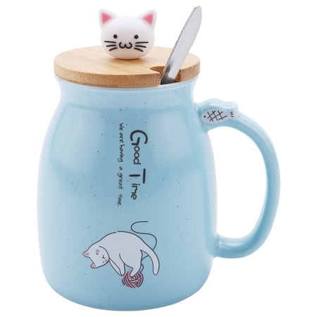 

New sesame heat-resistant cup color cartoon with lid cup milk coffee ceramic mug children cup office gifts（skyblue）