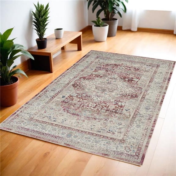 HomeRoots 552689 4 x 6 ft. Floral Distressed Rectangle Area Rug, Ivory, Red & Brown