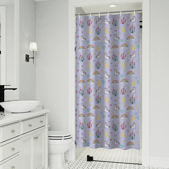 Purple Cartoon Unicorn Castle Rainbow Moon Heart Shower Curtain 36"x72" ,Bathroom Decorative Shower Curtains Set with 12 Hooks,Modern Waterproof Washable Shower Curtain