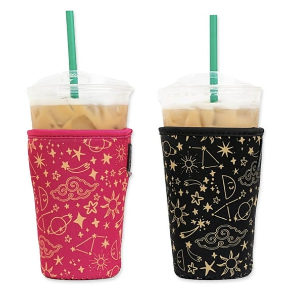 Baxendale and Co 2-Pack Medium (22-24oz) Reusable Neoprene Insulator Sleeve for Iced Coffee or Cold Beverage Cups (Pink and Black Wanderlust)