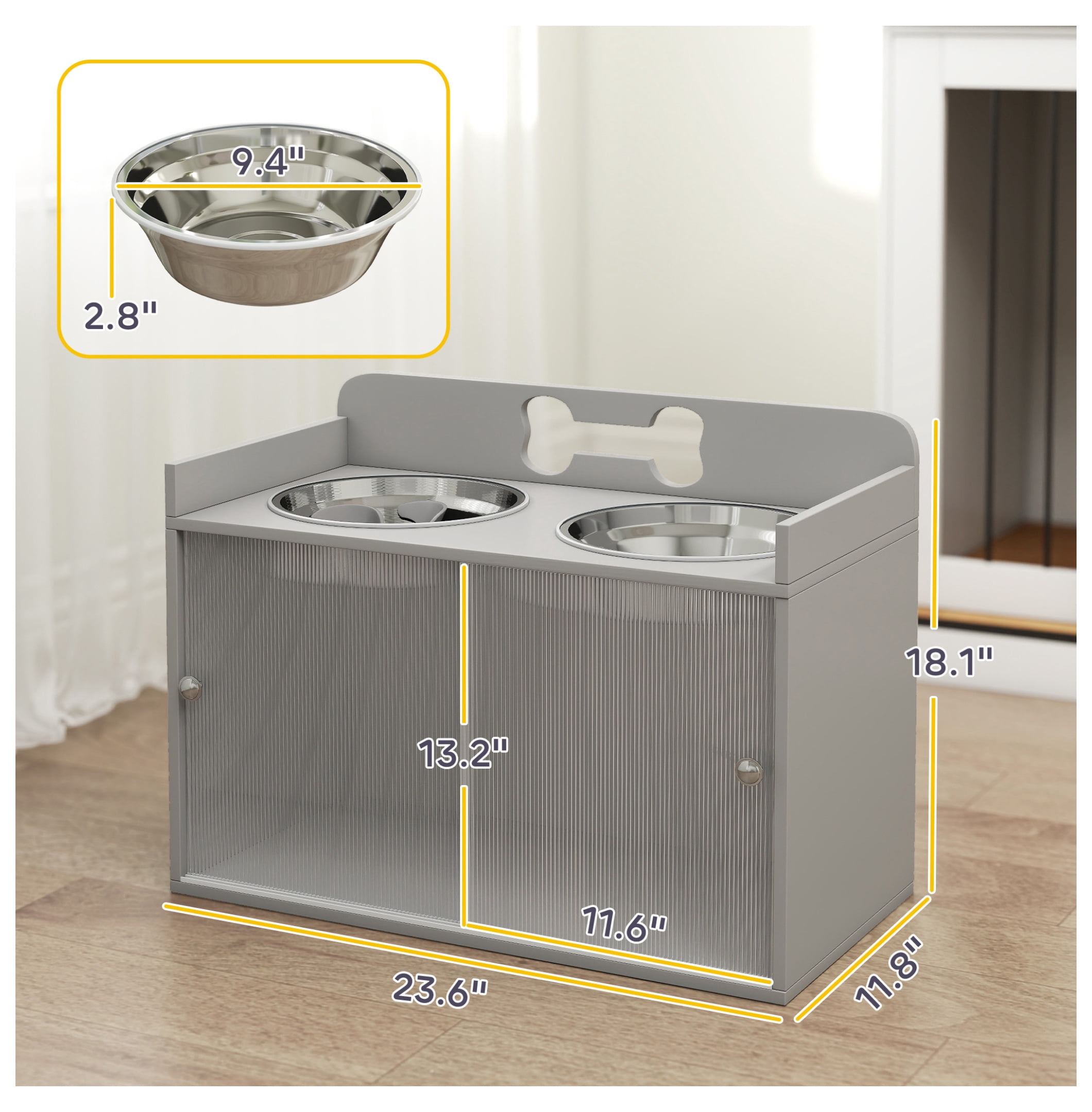 Raised Dog Bowls with Storage, Elevated Dog Feeder Stand with 2 Stainless Steel Bowls for Large Dogs, Gray - Ergonomic & Stable Pet Bowl Organizer