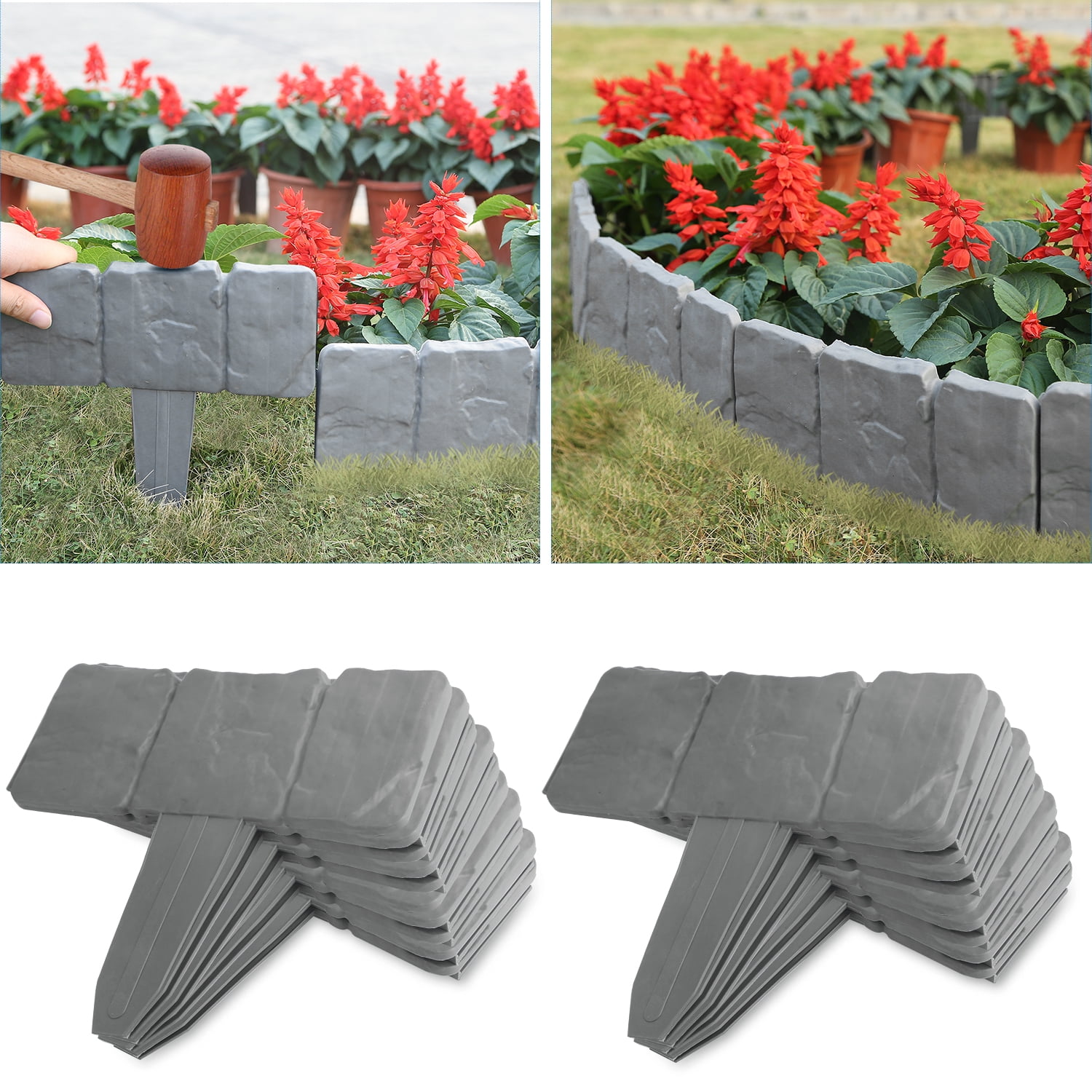 Plastic Cobbled Stone Effect Garden Edging Hammer-In Lawn Edging Plant Border 