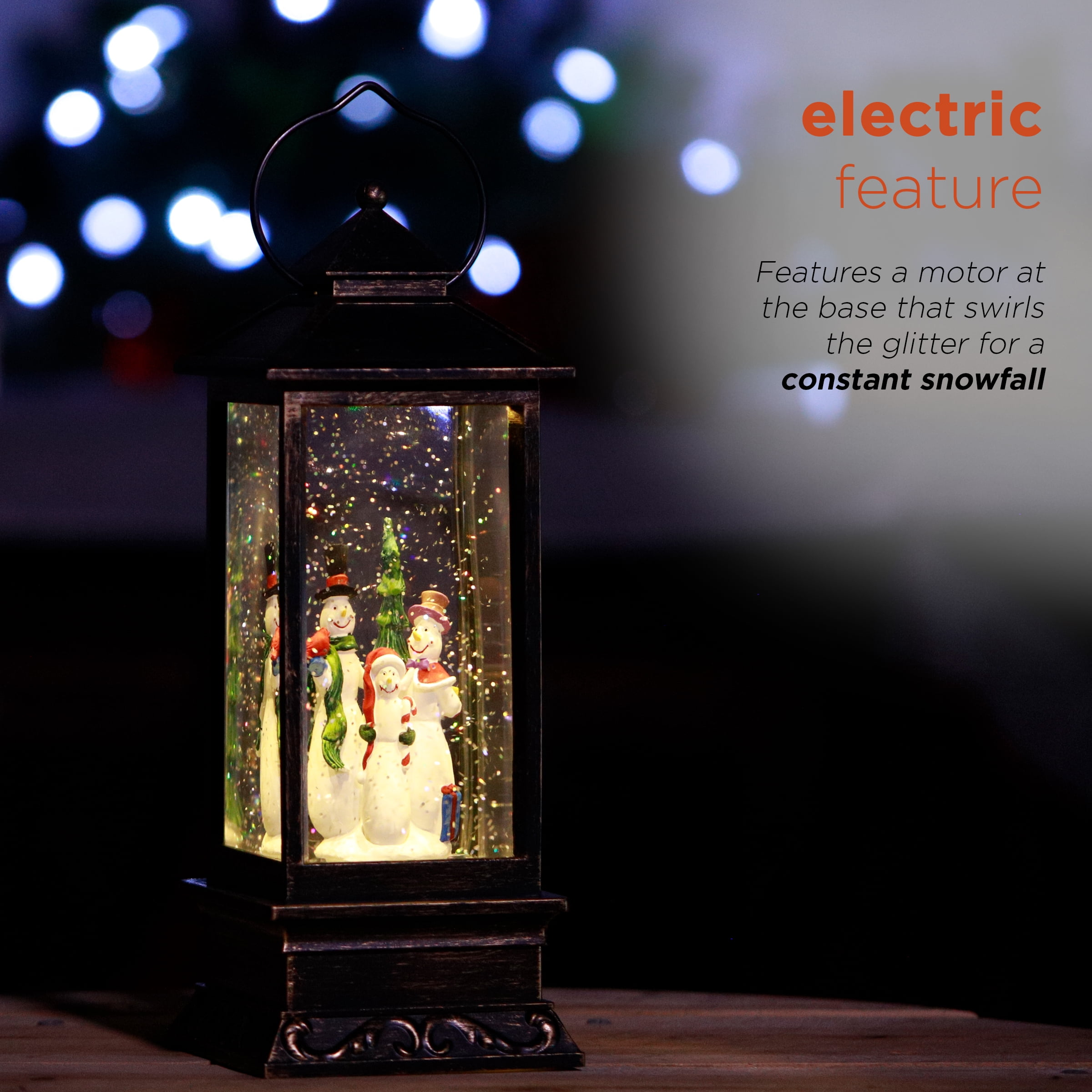 Alpine Corporation Lantern Snowman Snow Globe with LED Light, Brushed Bronze