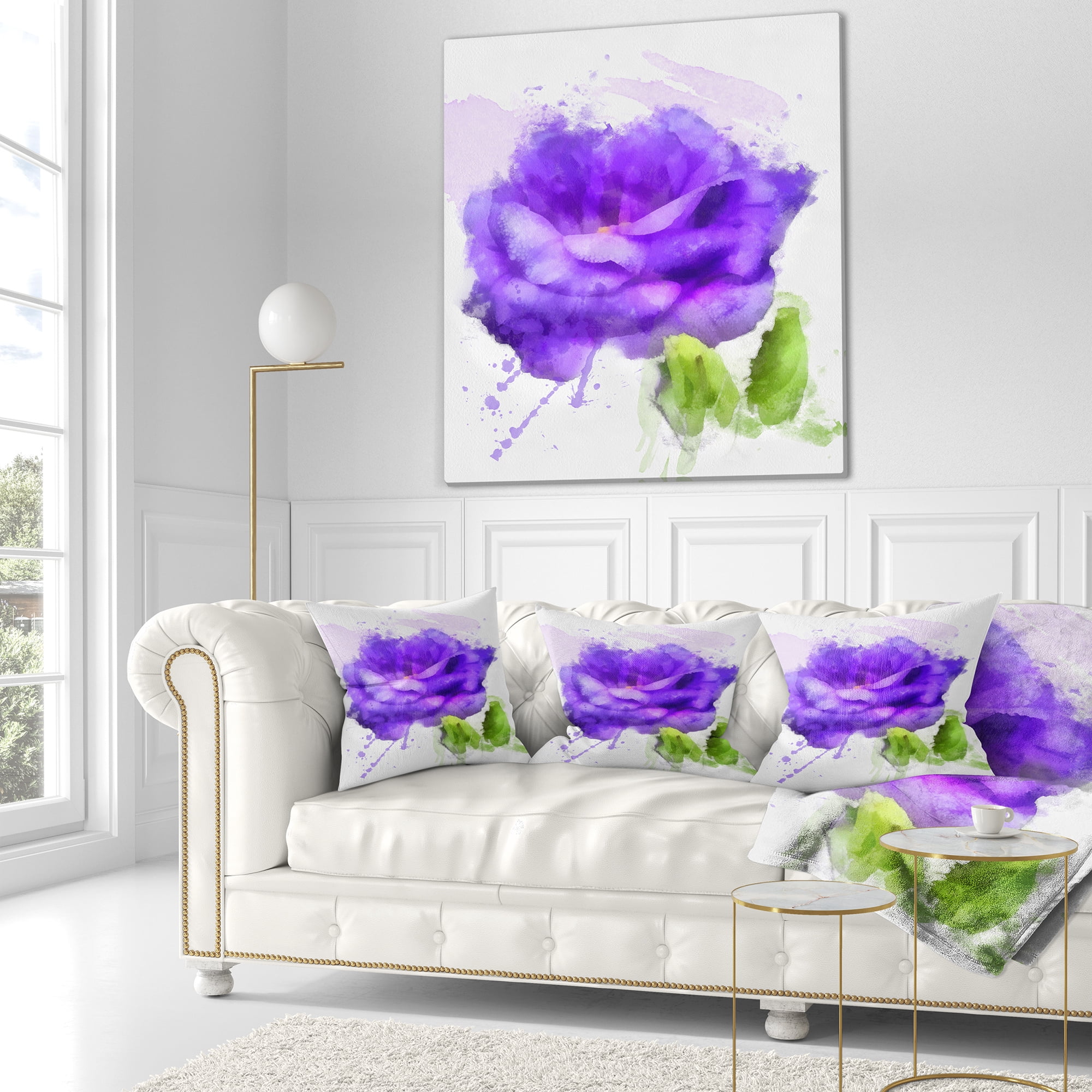 Designart Blue Rose Flower with Paint Splashes - Floral Throw Pillow - 16x16
