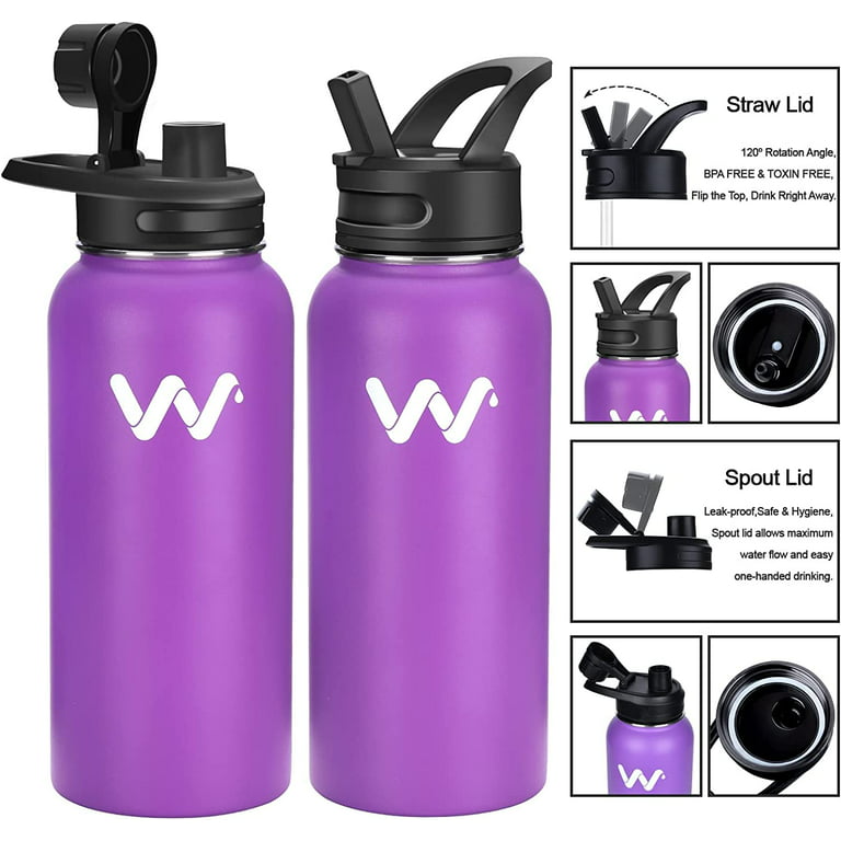 24 oz Insulated Water Bottle With Straw Lid & Spout Lid,Reusable Wide Mouth  Vacuum Stainless Steel Water Bottle 