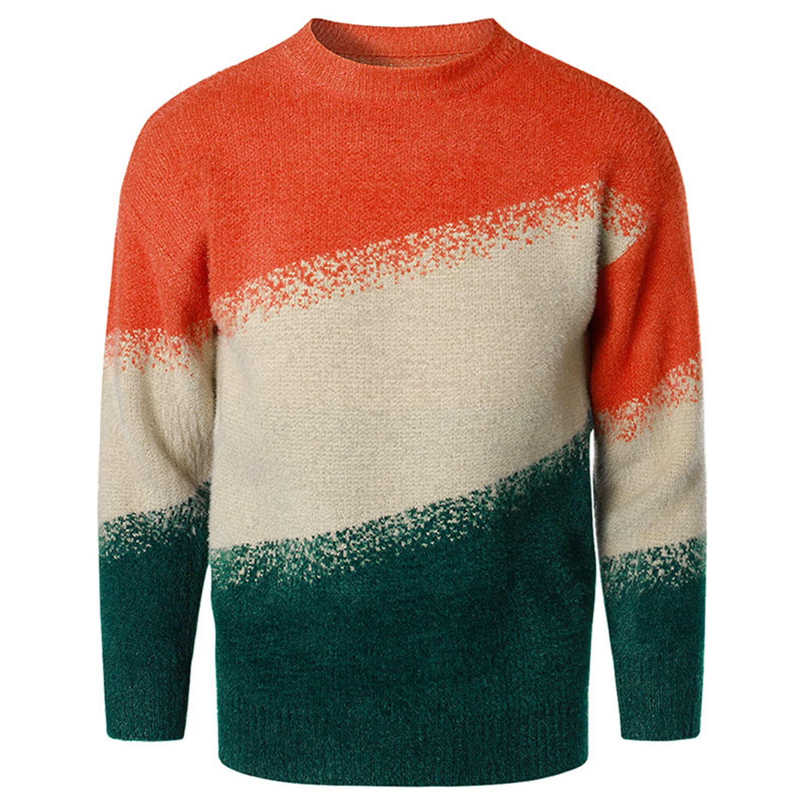 HAOTAGS Mens Crewneck Sweater Striped Splicing Fashion Knit Tops Pullover Orange Size M