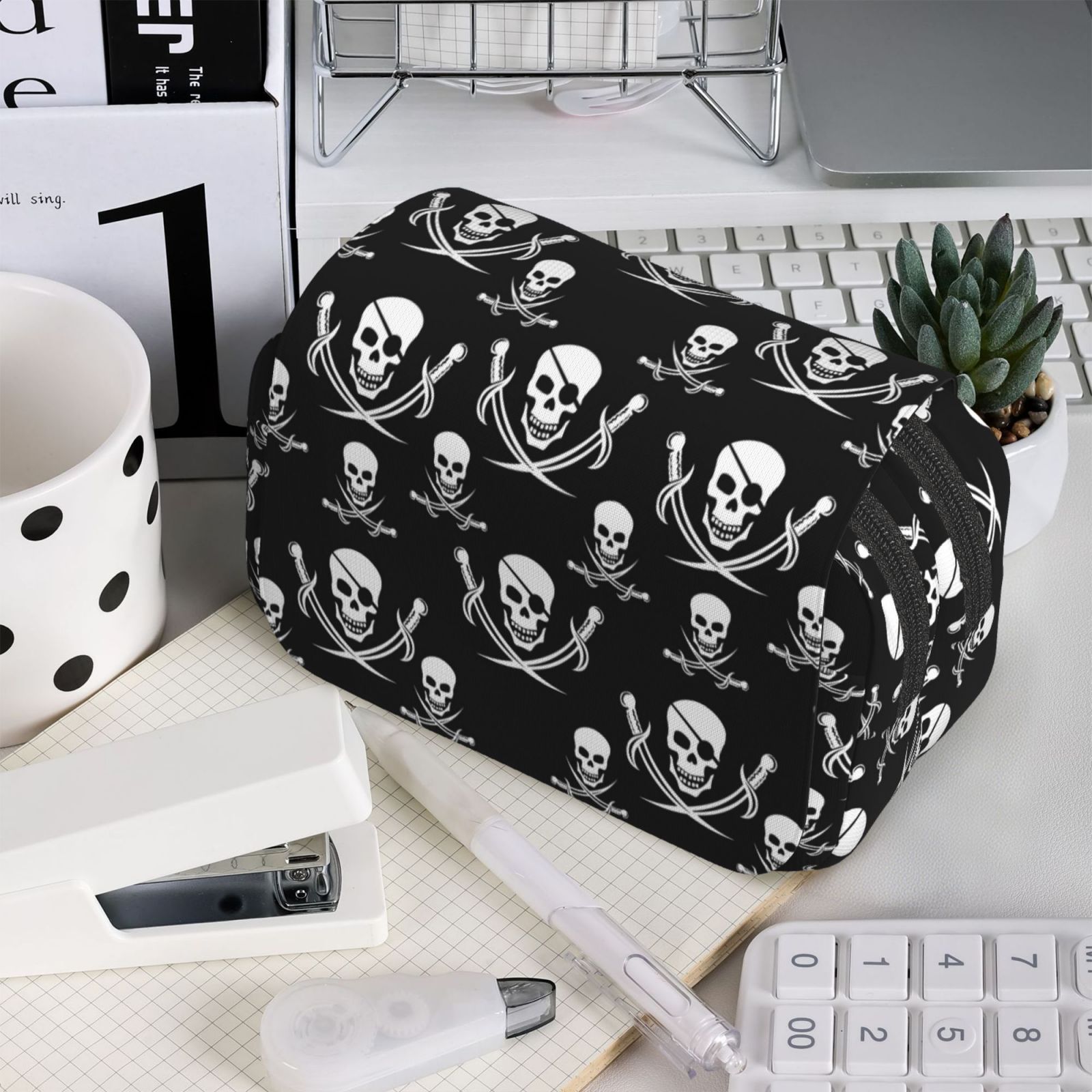Rateoe Pirate skulls Pattern Double Clamshell Pen Case, Storage Organizer with Two Zipper Compartments– Holds Up to 50 Pencils & Pens