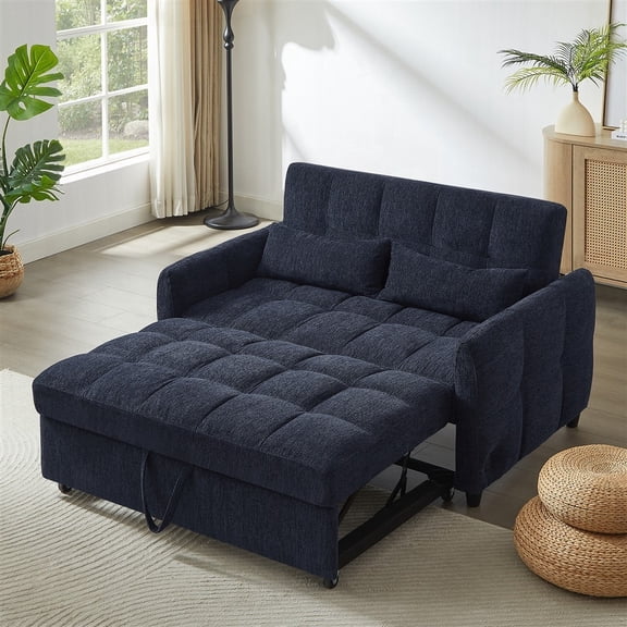 Modern Blue Loveseat Sofa with Pull-out Bed, 52.8" Size, 3 USB Ports and 2 Lumbar Pillows