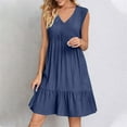 thumbnail image 2 of Womens Swing Wedding Guest Dresses Cotton Linen V Neck Sleeveless Trendy Shirt Dresses Ruffle Tiered Layered Knee Length Work Midi Dresses Navy L, 2 of 5