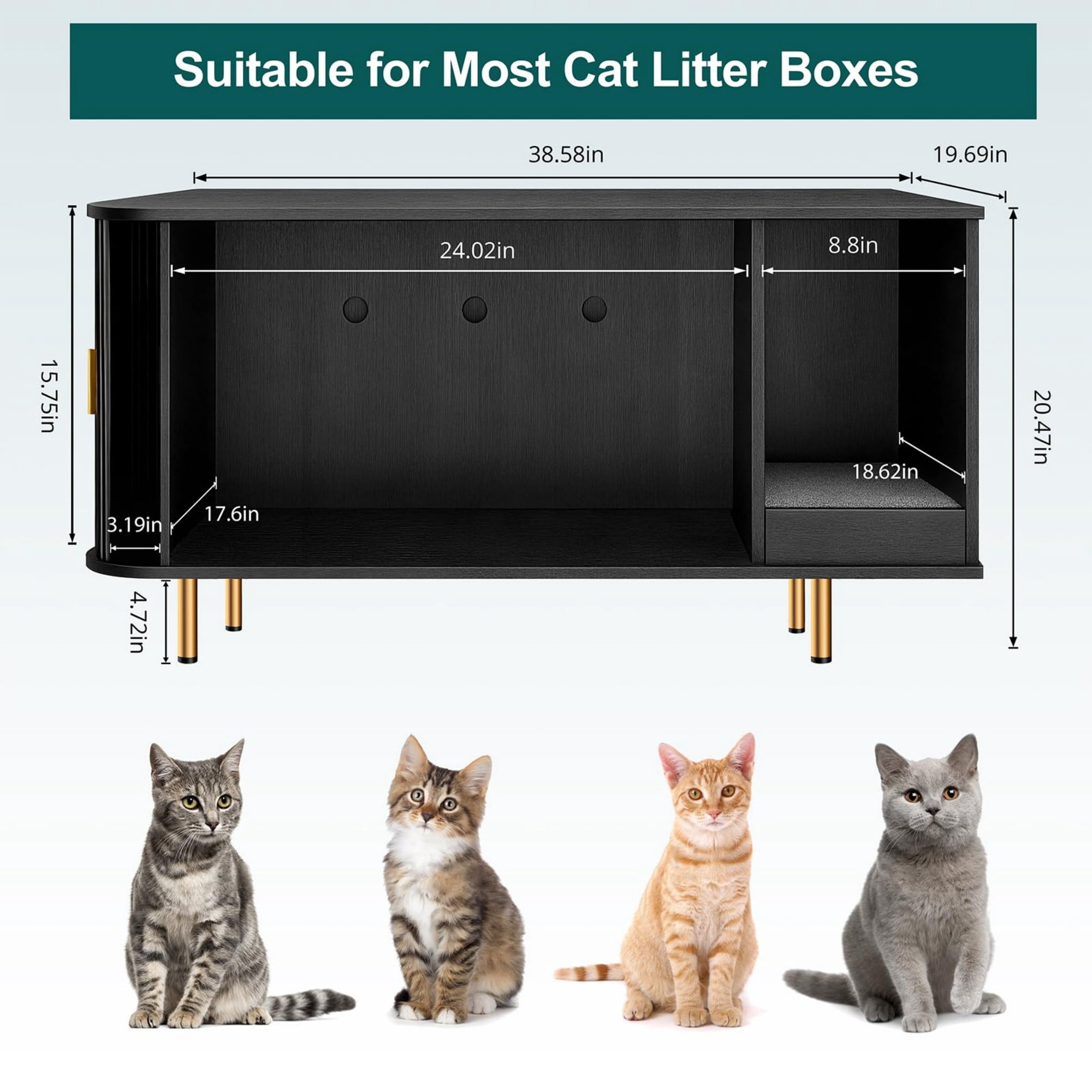 Cat Litter Box Enclosure Furniture with Sliding Door, Hidden Cat House Cabinet with Scratch Pad, Modern TV Stand Side Table, Black