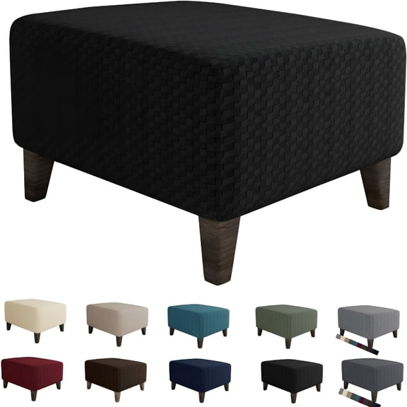 AUQ 2026 New Jacquard Ottoman Slipcovers Folding Storage Stool Furniture Protector Cover Soft Thick Rectangle Foot Rest Slipcover with Elastic Bottom Length 23-31" Black Ottoman Cover Square