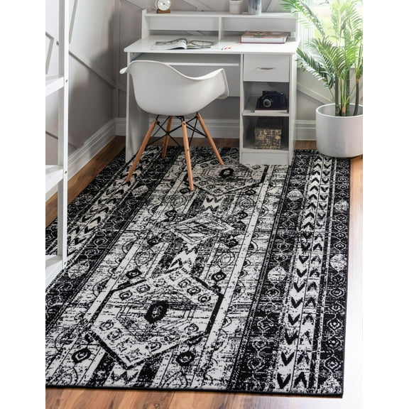 Rugs Modern Power Loomed Black and White Vintage Oregon Area Rug, 10 x 14 in, Low-Pile