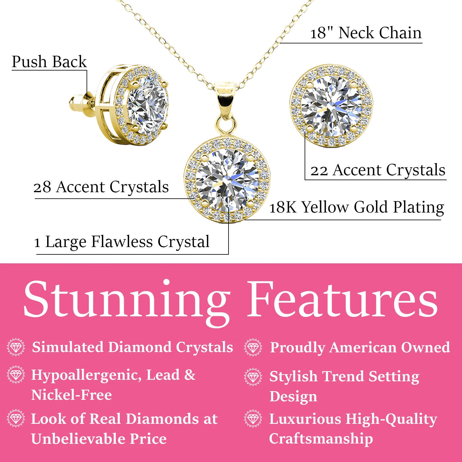 Cate & Chloe Blake 18k Yellow Gold Plated Halo Jewelry Set with Simulated Diamonds Gift for Women