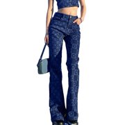 Aellinatey Women High Waist Straight Jeans Pants Asymmetrical Plaid Floral Denim Trousers